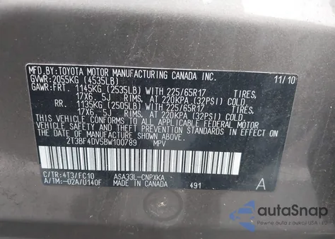 2011 Toyota Rav4 z USA, uszkodzony, nr VIN 2T3BF4DV5BW100789